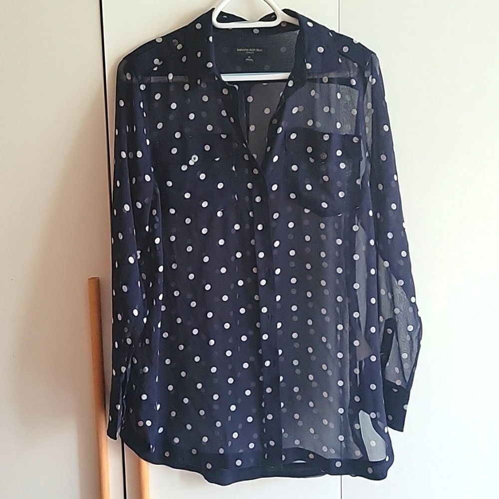Banana Republic Navy Blue Sheer Polka Dot Button-Down Shirt